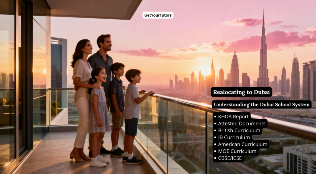 A hopeful family on a balcony overlooking the Dubai skyline at sunset. A text overlay from GetYourTutors is titled 'Relocating to Dubai: Understanding the Dubai School System' and lists key topics including KHDA reports and various school curricula (British, IB, etc.).