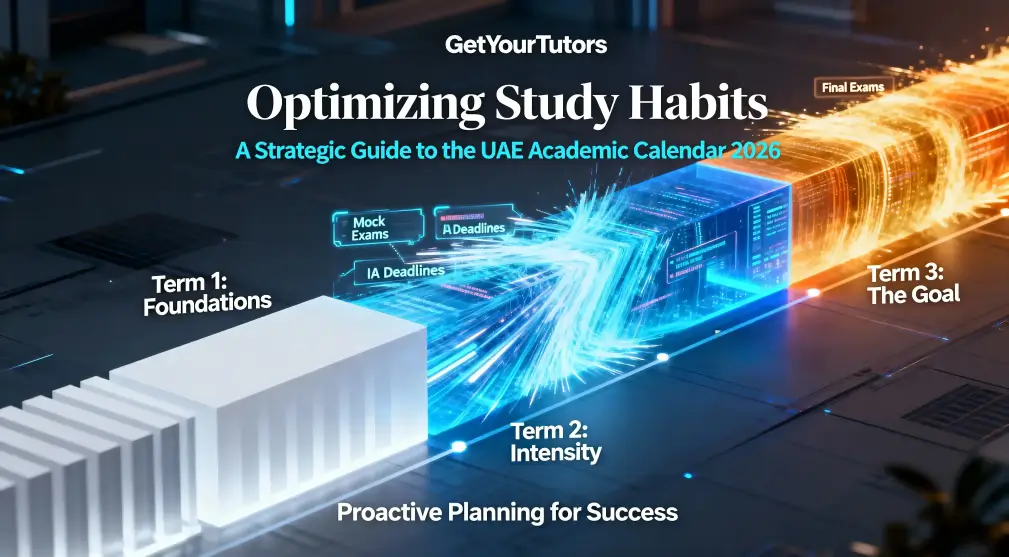 A hero image from GetYourTutors for a guide to the UAE academic calendar, visually showing the three terms: Term 1 as a white "Foundations" block, Term 2 as an intense blue data stream for "Intensity," and Term 3 as a glowing orange block for "The Goal" and "Final Exams."