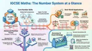 Comprehensive "Roadmap" infographic by GetYourTutors outlining the entire IGCSE Maths Number System syllabus. Exam Context: Highlights that "Numbers" accounts for 22-28% of Exam Weighting and forms the bedrock of the Higher Tier. Core Skills: Covers BIDMAS, HCF/LCM, and converting Recurring Decimals to Fractions. Advanced Forms (Grades 7-9): Visualizes Standard Form (A x 10^n), Laws of Indices, and Surds (rationalizing denominators). Real-World Apps: Connects Percentages (Compound Interest) to Ratio & Proportion (Direct y=kx / Inverse y=k/x) and Set Language (Venn Diagrams). Exam Strategy: Emphasizes "Accuracy" with Bounds Calculations (Upper/Lower limits) and the importance of showing method for "M1 Marks."