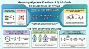 "GetYourTutors infographic: 'Mastering Algebraic Fractions: A Quick Guide.' Top Panel: The Golden Rule states 'Factorise First, Cancel Second.' Visualizes the common error of cancelling terms instead of factors. Shows simplifying (x^2-9)/(x+3) by factoring the difference of two squares to get x-3. Bottom Panel: Explains the four operations. 1. Multiplication: 'Cross-Cancel before multiplying.' 2. Division: Use the 'KFC Method' (Keep, Flip, Change). 3. Addition & Subtraction: 'Find a Common Denominator' before combining numerators. Includes a critical warning: 'Watch for Subtraction Sign Errors'—a negative sign applies to the entire second numerator."