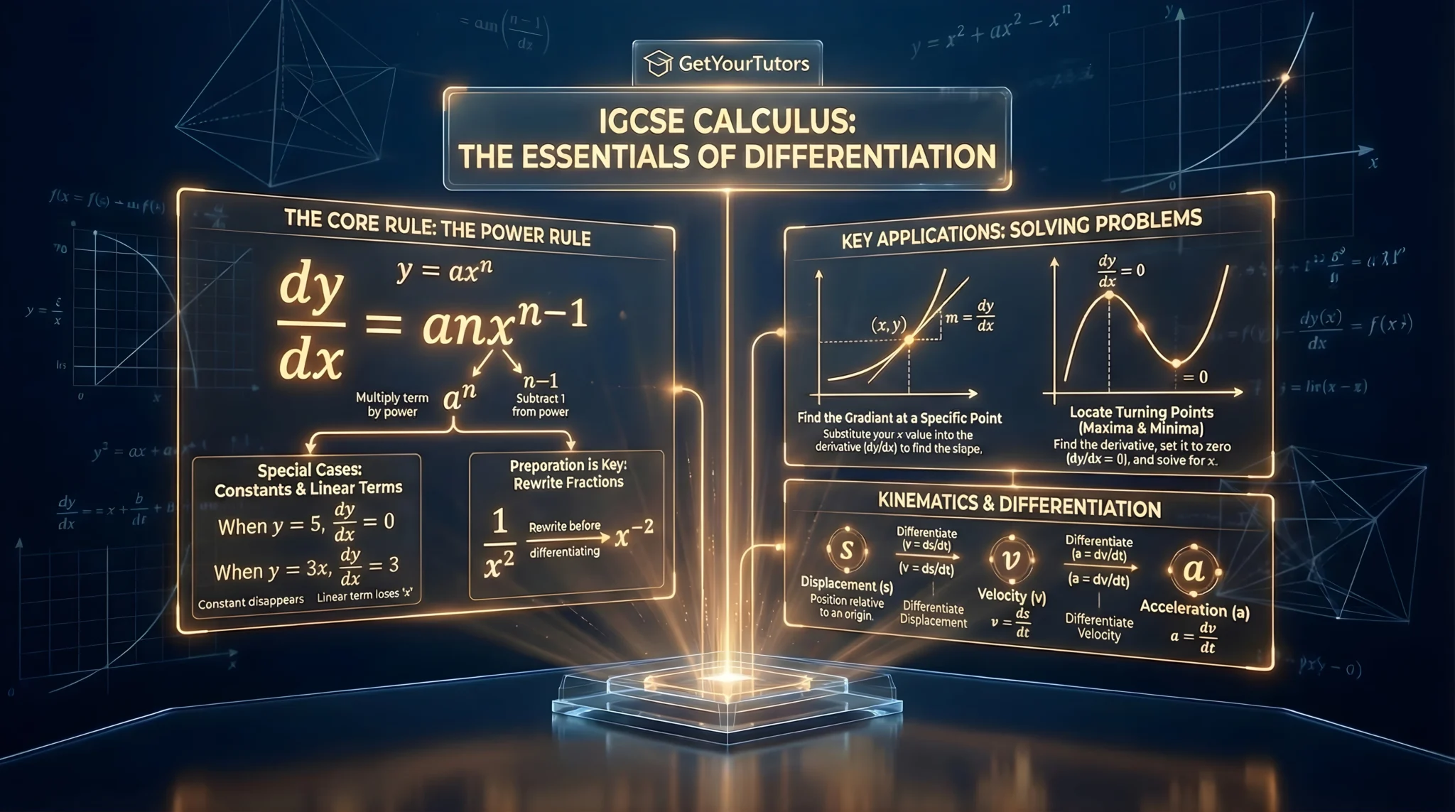 GetYourTutors infographic: 'IGCSE Calculus: The Essentials of Differentiation.' 1. The Core Rule: Visualizes the Power Rule: for y=ax^n, the derivative is dy/dx = anx^{n-1} (Multiply by power, subtract 1). Covers Special Cases (Constants differentiate to 0, Linear terms lose x) and Preparation (Rewrite fractions like 1/x^2 as x^-2). 2. Key Applications: Visualizes finding the Gradient at a specific point and locating Turning Points (Maxima & Minima) by setting dy/dx = 0. 3. Kinematics: A flowchart showing the calculus relationship: Differentiate Displacement (s) to get Velocity (v), and differentiate Velocity to get Acceleration (a).