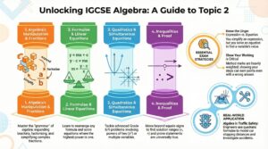 "GetYourTutors infographic: 'Unlocking IGCSE Algebra: A Guide to Topic 2.' The graphic divides the syllabus into four pillars: 1. Algebraic Manipulation & Fractions (Mastering the grammar of algebra: expanding brackets, factorising). 2. Formulae & Linear Equations (Rearranging formulae like y=mx+c). 3. Quadratics & Simultaneous Equations (Solving for powers of two/multiple variables). 4. Inequalities & Proof. The right panel offers 'Essential Exam Strategies' such as distinguishing Expressions vs. Equations and the importance of Showing Your Working to gain Method Marks. Includes a Real-World Application linking quadratic formulae to traffic safety and stopping distances.