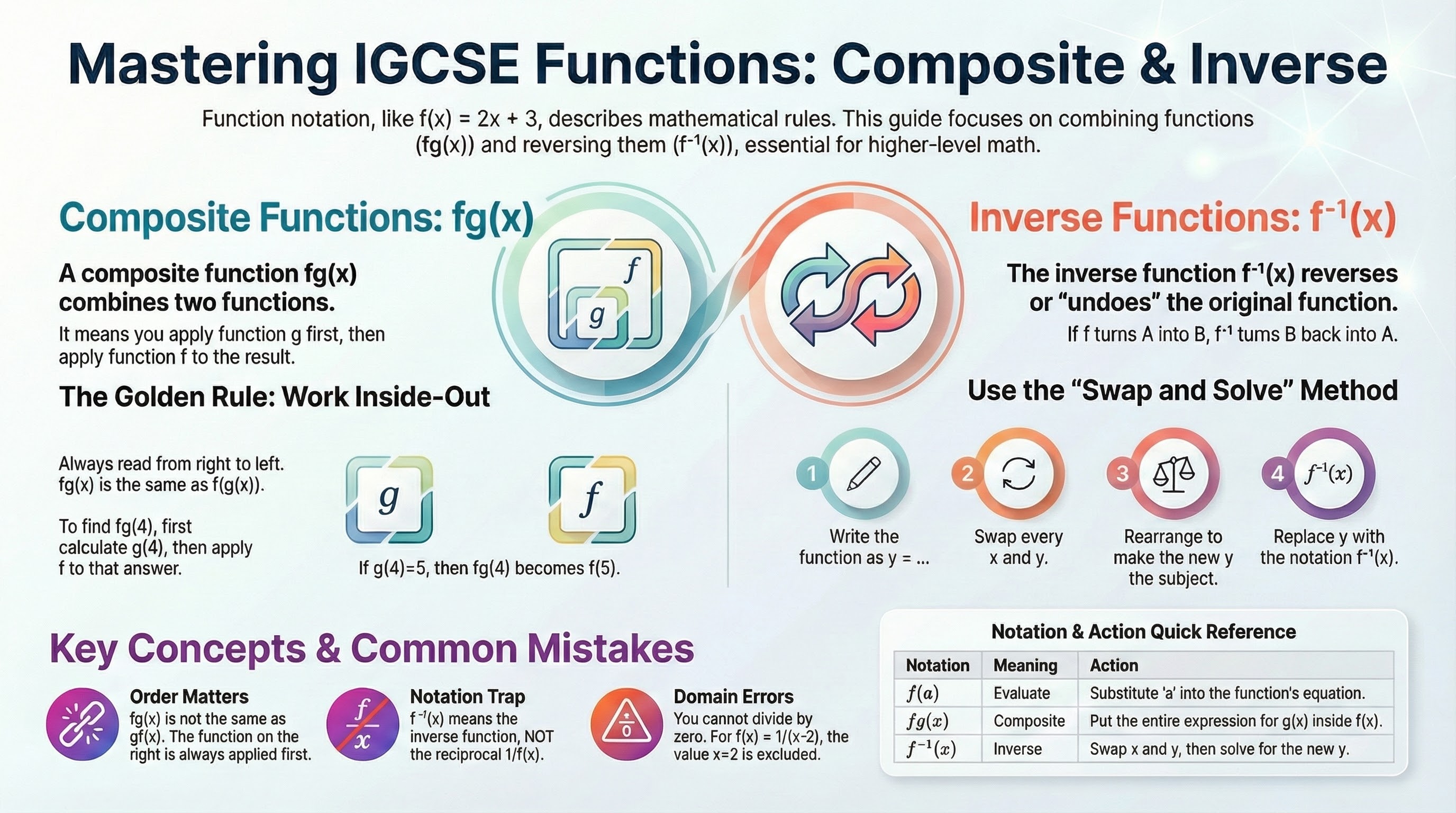 GetYourTutors infographic: 'Mastering IGCSE Functions: Composite & Inverse.' 1. Composite Functions fg(x): Visualizes the 'Inside-Out' rule—applying function g first, then f. Explains that fg(x) is NOT the same as gf(x) (Order Matters). 2. Inverse Functions f^-1(x): illustrates the 'Swap and Solve' method in 4 steps: Write y=..., Swap x and y, Rearrange for y, and Replace with f^-1(x). 3. Key Concepts & Mistakes: Warns against the 'Notation Trap' (f^-1(x) is inverse, NOT reciprocal 1/f(x)) and Domain Errors (dividing by zero). Quick Reference Table: Summarizes notation f(a) (Evaluate), fg(x) (Composite), and f^-1(x) (Inverse) with specific actions.