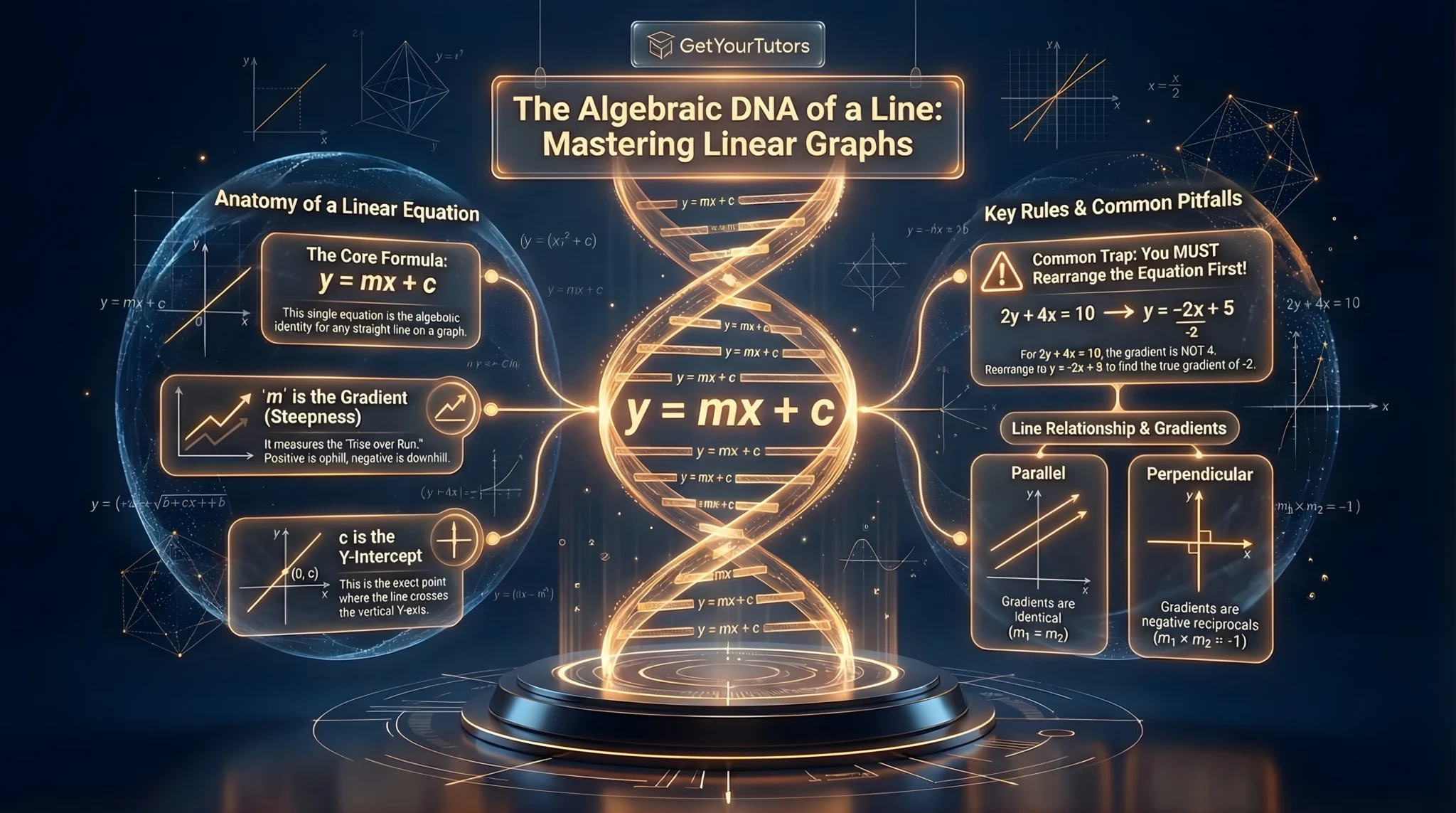 GetYourTutors infographic: 'A Visual Guide to IGCSE Functions, Graphs & Calculus.' 1. Patterns & Notation: Covers finding the 'nth term' for linear (3n+2) and quadratic sequences. Visualizes composite fg(x) and inverse f^-1(x) function machines. 2. Graphs & Coordinates: Sketches key shapes: Parabola (quadratic), Cubic, Reciprocal (1/x), and Exponential (e^x). Demonstrates graph transformations (translation/sliding and reflection/flipping). 3. Calculus & Applications: Explains Differentiation (dy/dx) as finding the gradient of a curve. Visualizes finding Turning Points by setting gradient to zero (dy/dx=0). Real-world application: Calculating a Rocket's Maximum Height by finding where velocity is zero.