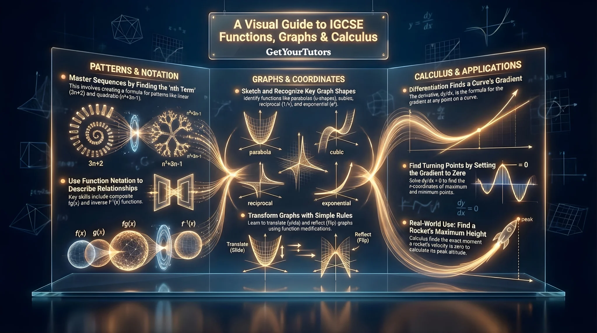 GetYourTutors infographic: 'A Visual Guide to IGCSE Functions, Graphs & Calculus.' 1. Patterns & Notation: Covers finding the 'nth term' for linear (3n+2) and quadratic sequences. Visualizes composite fg(x) and inverse f^-1(x) function machines. 2. Graphs & Coordinates: Sketches key shapes: Parabola (quadratic), Cubic, Reciprocal (1/x), and Exponential (e^x). Demonstrates graph transformations (translation/sliding and reflection/flipping). 3. Calculus & Applications: Explains Differentiation (dy/dx) as finding the gradient of a curve. Visualizes finding Turning Points by setting gradient to zero (dy/dx=0). Real-world application: Calculating a Rocket's Maximum Height by finding where velocity is zero.