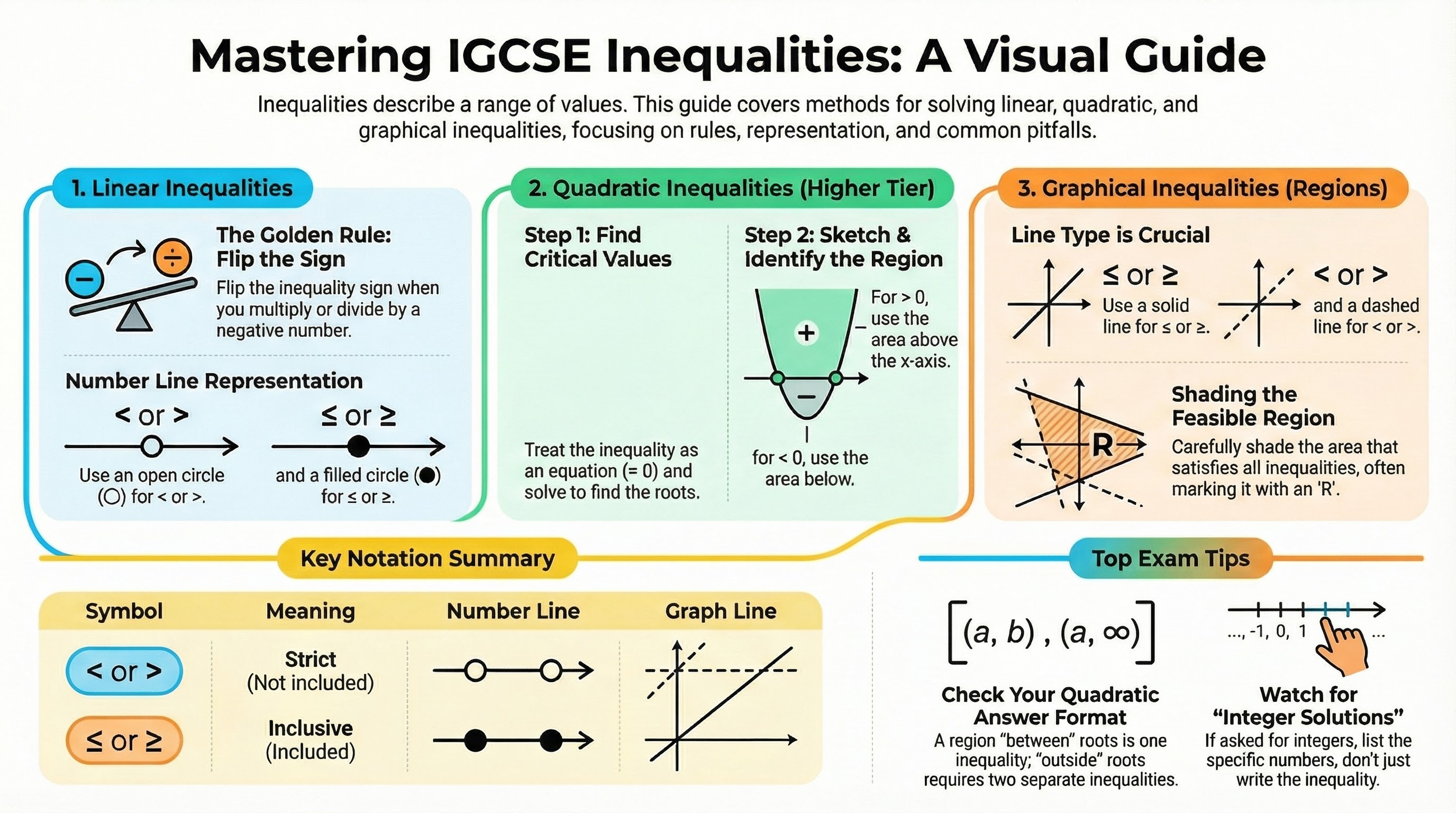 GetYourTutors guide: 'Mastering IGCSE Inequalities.' Visualizes rules for 3 types. 1. Linear Inequalities: Highlights the 'Golden Rule' to FLIP the sign when multiplying/dividing by a negative. Shows Number Lines: Open circle for strict inequalities (<, >), Filled circle for inclusive (≤, ≥). 2. Quadratic Inequalities (Higher Tier): Steps include finding 'Critical Values' (solve as equation) and sketching the parabola to identify the region (below axis for <0, above for >0). 3. Graphical Inequalities: Explains 'Line Type' rules—Dashed lines for strict (<, >), Solid lines for inclusive (≤, ≥)—and shading the 'Feasible Region' R. Includes Exam Tips on writing Integer Solutions and checking answer formats.