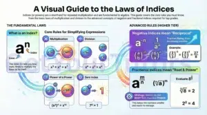 Complete IGCSE Maths infographic by GetYourTutors on the Laws of Indices (Powers). The Fundamental Laws: Definition: Shows Base (a) and Index (n). The index tells you how many times to multiply the base by itself. Multiplication: Add the powers (a^m x a^n = a^(m+n)). Example: x^3 x x^4 = x^7. Division: Subtract the powers (a^m / a^n = a^(m-n)). Example: x^6 / x^2 = x^4. Power of a Power: Multiply the powers ((a^m)^n = a^(mn)). Example: (x^3)^4 = x^12. Zero Index: Anything to the power of 0 is 1 (a^0 = 1). Advanced Rules (Higher Tier): Negative Indices: Means "Reciprocal." Flip the fraction and make the power positive (a^-n = 1/a^n). Example: (2/3)^-3 = 27/8. Fractional Indices: Means "Root & Power" (a^(m/n)). The denominator is the root, the numerator is the power. Expert Strategy: Always do the ROOT first, then the POWER to keep numbers small (8^(2/3) becomes cube root of 8 is 2, then 2^2 = 4).
