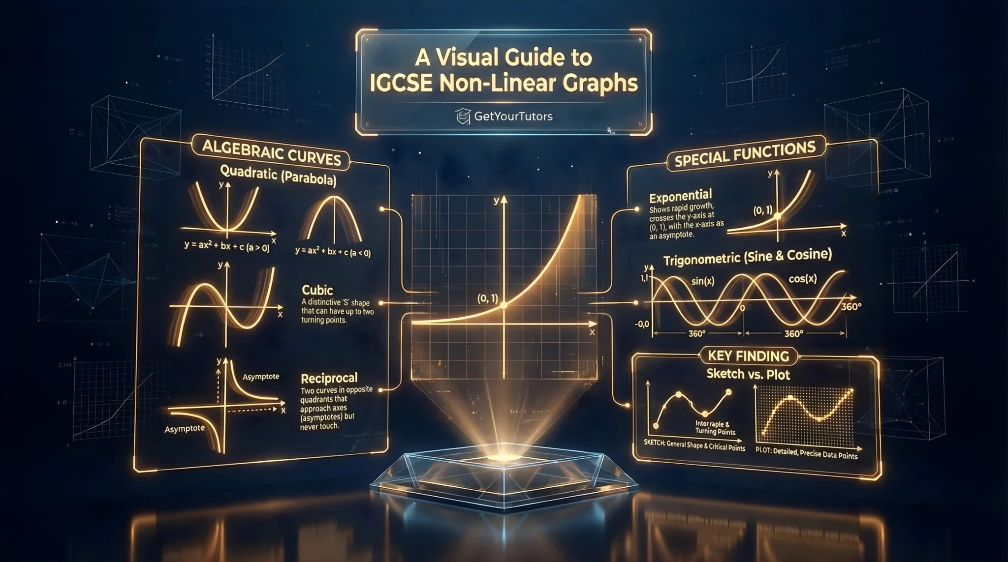 GetYourTutors infographic: 'A Visual Guide to IGCSE Non-Linear Graphs.' 1. Algebraic Curves: Visualizes Quadratics (U-shaped Parabolas, y=ax^2+bx+c), Cubics (S-shaped curves with turning points), and Reciprocals (Hyperbolas in opposite quadrants with asymptotes). 2. Special Functions: Displays Exponential graphs (y=a^x) showing rapid growth crossing the y-axis at (0,1), and Trigonometric graphs (Sine & Cosine waves) oscillating between 1 and -1. 3. Exam Strategy: distinctive comparison of 'Sketch vs. Plot'. Sketching focuses on general shape and critical points (roots, intercepts), while Plotting requires a table of values and precise data points.