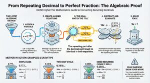 "GetYourTutors guide: 'From Repeating Decimal to Perfect Fraction: The Algebraic Proof.' Visualizes the 5-Step Method for IGCSE Higher Tier. Step 1: Let x equal the recurring decimal (e.g., x = 0.777...). Step 2: Create Aligned Equations by multiplying by powers of 10 (10x = 7.777...). Step 3: Match the Tail so decimal parts align. Step 4: Subtract to eliminate the recurring part (10x - x = 9x). Step 5: Solve for x (x = 7/9). Includes a 'Grade 9 Skill' example for Mixed Recurring decimals (0.2555...) showing how to subtract 10x from 100x to find the fraction 23/90."