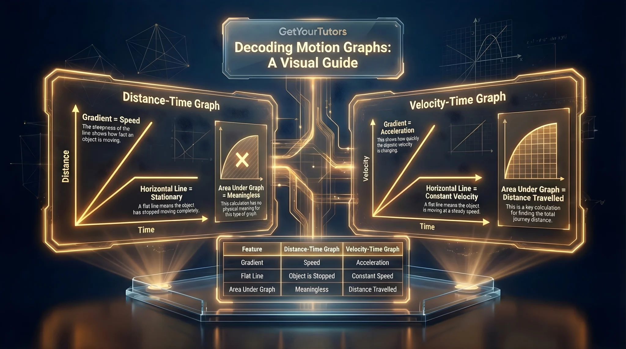 GetYourTutors infographic: 'Decoding Motion Graphs: A Visual Guide.' A side-by-side comparison of two core IGCSE Physics concepts. 1. Distance-Time Graph: Visualizes that Gradient = Speed and a Horizontal Line means the object is Stationary (Stopped). Explicitly notes that 'Area Under Graph = Meaningless.' 2. Velocity-Time Graph: Visualizes that Gradient = Acceleration and a Horizontal Line means Constant Velocity. Highlights the key exam rule: 'Area Under Graph = Distance Travelled.' Quick Reference Table: Contrasts the meaning of Gradient (Speed vs. Acceleration), Flat Line (Object Stopped vs. Constant Speed), and Area (Meaningless vs. Distance).