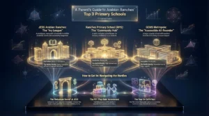A strategic comparison infographic for parents detailing the top 3 primary schools in Arabian Ranches. It contrasts JESS Arabian Ranches (described as 'The Ivy League' with a difficult corporate debenture waitlist), Ranches Primary School (RPS, 'The Community Hub' known for confidence building), and GEMS Metropole ('The Accessible All-Rounder' with larger capacity). The guide also visualizes admission hurdles: the 'Debenture Secret' at JESS, the 'Play Date' assessment for FS1 readiness, and the 'Non-Verbal Reasoning' challenge in the Year 3+ CAT4 test.