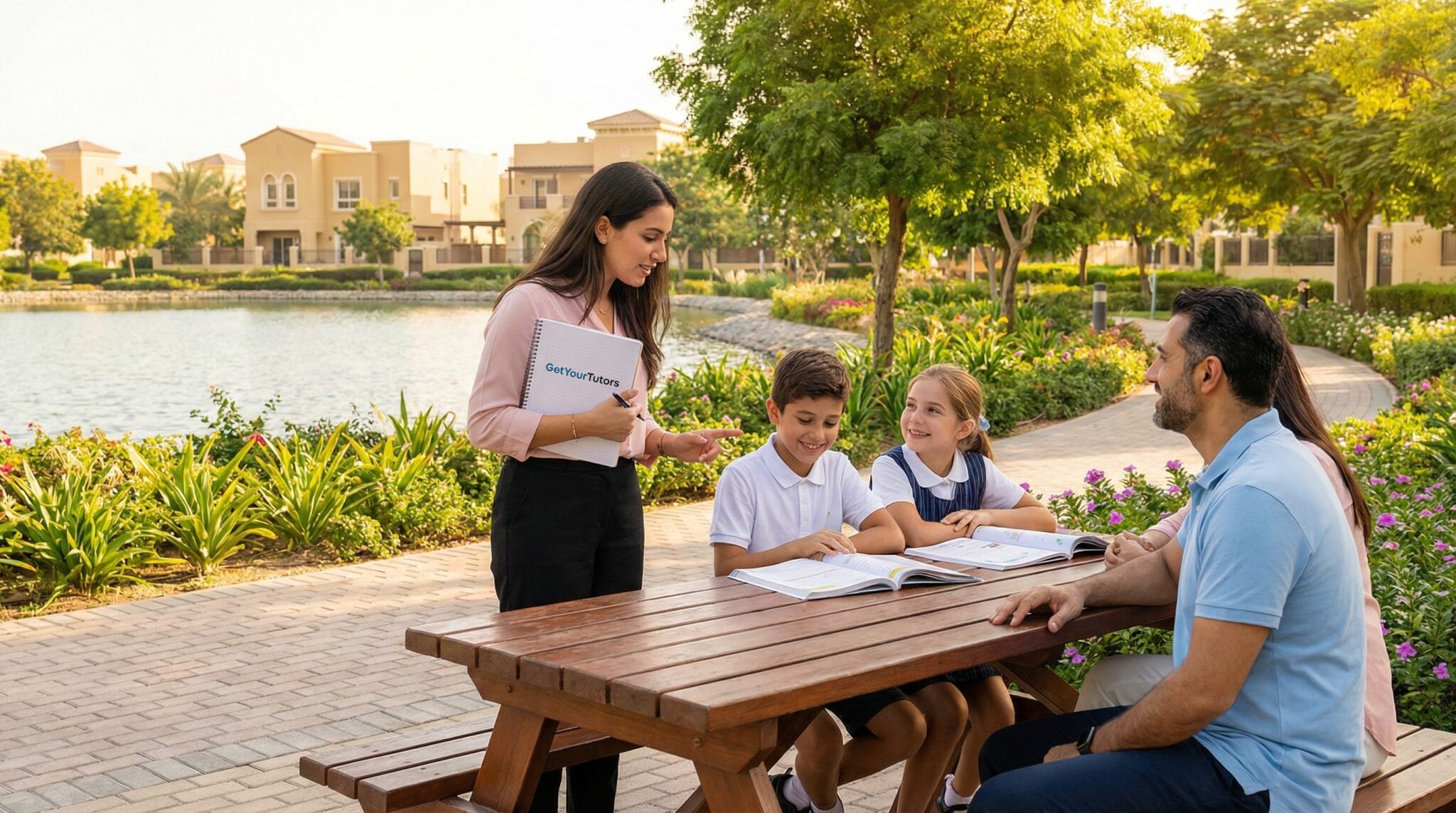 A professional GetYourTutors educator conducting a private outdoor lesson with two primary students in the Springs and Meadows community. The scene illustrates the 'Emirates Living' lifestyle, featuring a tutor guiding students through a British curriculum workbook at a park bench by the lakes, with a parent supervising. Highlights the availability of personalized home tutoring services within the secure, family-friendly environment of The Springs and Meadows.