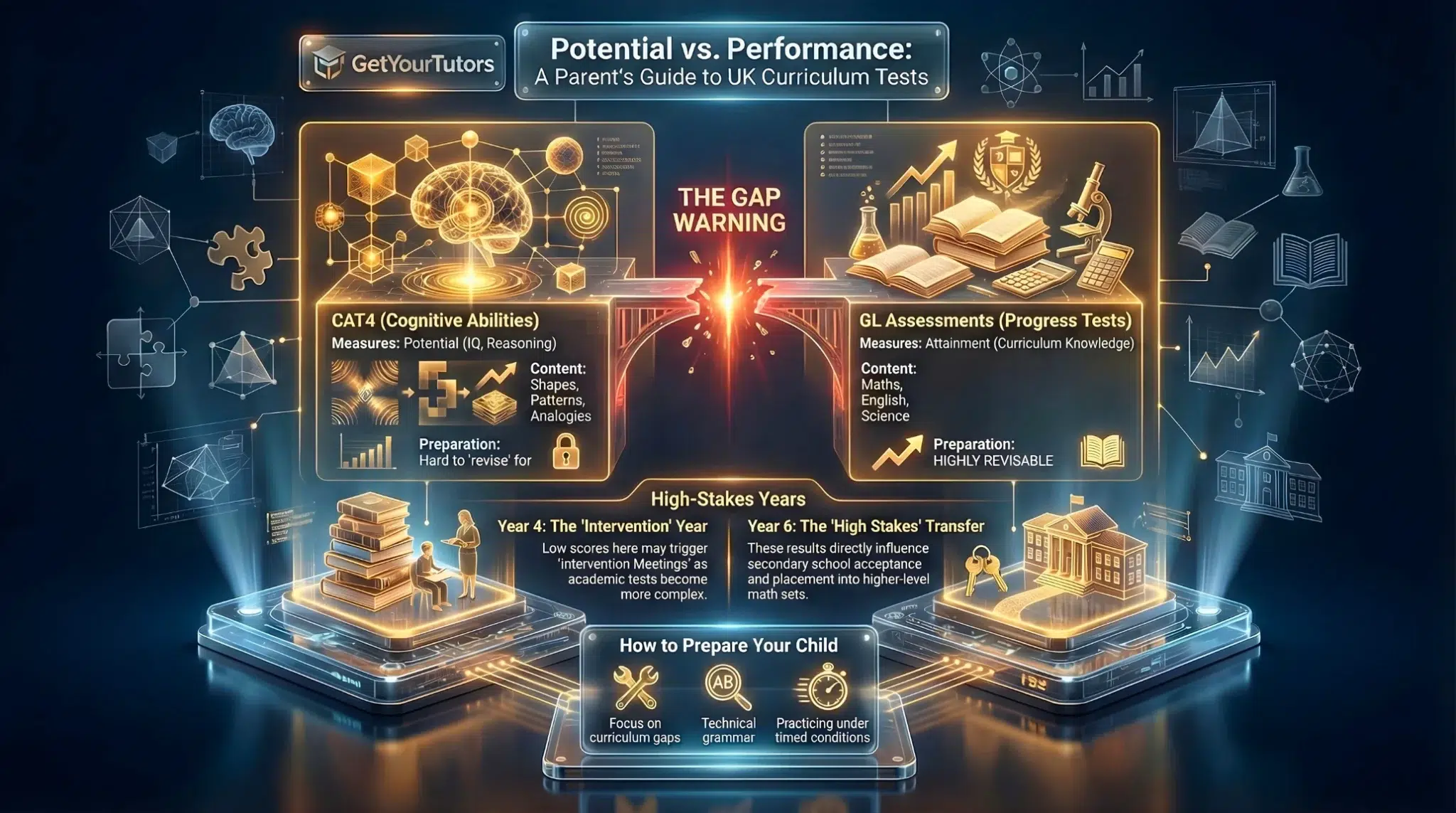 "GetYourTutors infographic: 'Potential vs. Performance: A Parent's Guide to UK Curriculum Tests.' Visualizes the critical difference between ability and attainment. 1. The Comparison: Contrasts CAT4 (Cognitive Abilities) which measures 'Potential (IQ, Reasoning)' and is hard to revise for, against GL Assessments (Progress Tests) which measure 'Attainment (Maths, English, Science)' and are highly revisable. 2. The Gap Warning: Visualizes a bridge breaking to represent the danger of a large gap between high potential and low performance. 3. High-Stakes Years: Highlights Year 4 as the 'Intervention Year' (where curriculum gaps emerge) and Year 6 as the 'High Stakes Transfer' (determining secondary school acceptance). 4. Preparation Strategy: Recommends focusing on 'Curriculum Gaps,' 'Technical Grammar,' and 'Timed Practice' to close the performance gap."