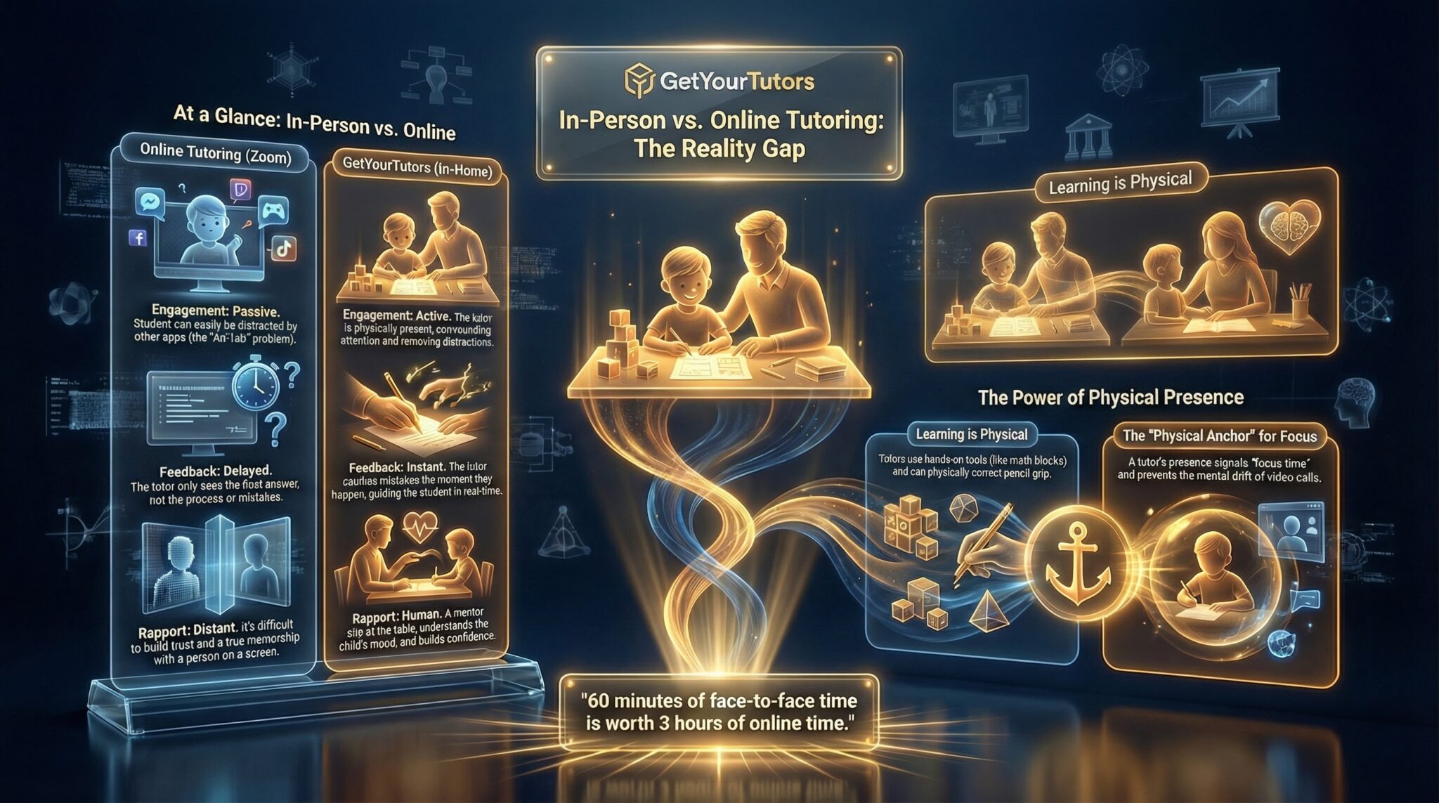 A strategic comparison infographic titled 'In-Person vs. Online Tutoring: The Reality Gap.' It contrasts Online Tutoring (Zoom) which suffers from 'Passive Engagement' (distractions like the 'Alt-Tab' problem), 'Delayed Feedback' (tutors cannot see the working out process), and 'Distant Rapport.' This is compared to GetYourTutors In-Home Tutoring, which provides 'Active Engagement' (physical presence commands attention), 'Instant Feedback' (catching mistakes in real-time), and 'Human Rapport.' The visual highlights the 'Physical Anchor' effect—how a tutor's physical presence prevents mental drift—and concludes with the metric: '60 minutes of face-to-face time is worth 3 hours of online time.'