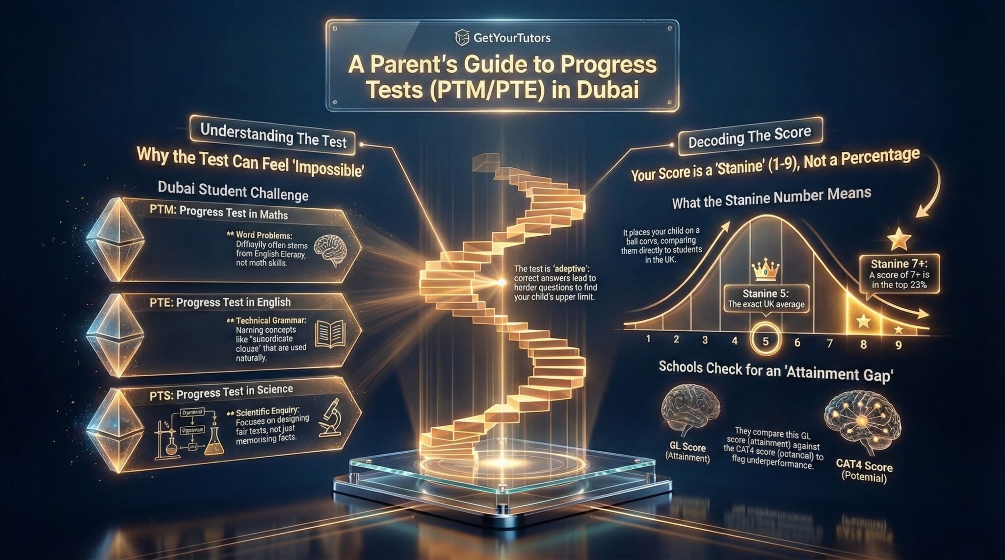 GetYourTutors infographic: 'A Parent's Guide to Progress Tests (PTM/PTE) in Dubai.' Visualizes the structure and scoring of GL Assessments. 1. The Challenge: Explains the tests are 'Adaptive' (correct answers unlock harder questions to find the student's upper limit), often making them feel 'impossible' to students. 2. Subject Specifics: Notes that PTM (Maths) relies heavily on English literacy for word problems, while PTE (English) tests technical grammar. 3. Decoding Scores: Visualizes the Stanine Bell Curve (1-9). Clarifies that scores are NOT percentages: Stanine 5 = UK Average, Stanine 7+ = Top 23%. 4. The Analysis: Shows how schools check for an 'Attainment Gap' by comparing GL Scores (Current Performance) against CAT4 Scores (Potential) to flag underperformance.